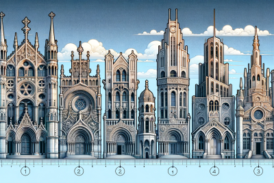 Ilustración detallada mostrando una variedad de estilos arquitectónicos, incluyendo Gótico, Románico, Barroco, Moderno y Futurista, con elementos clave de cada estilo señalados