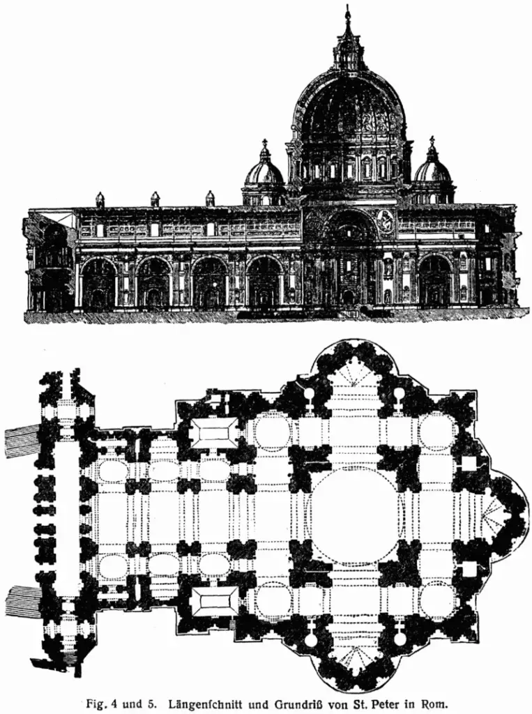 Dibujo arquitectóntico Planta y sección de la Basílica de San Pedro. Roma.