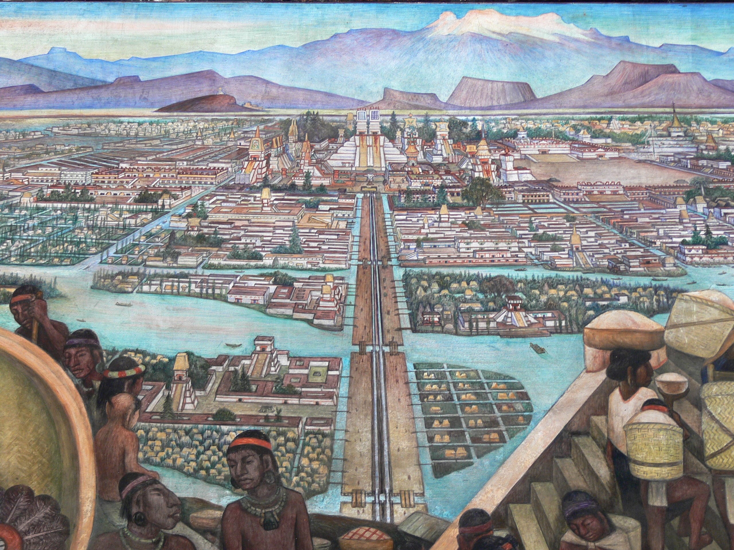 Obra del pintor mexicano Diego Rivera muestra una vision amplia de la arquitectura azteca en Tenochtitlan
