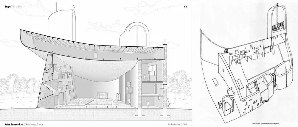 Un corte y una isométrica, explicando cómo se compone la estructura de la Capilla Notre Dame