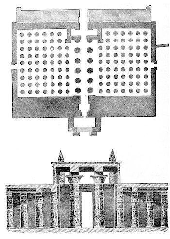 Diagrama de planta y representación artística del Gran Salón Hipóstilo en Karnak en Egipto.