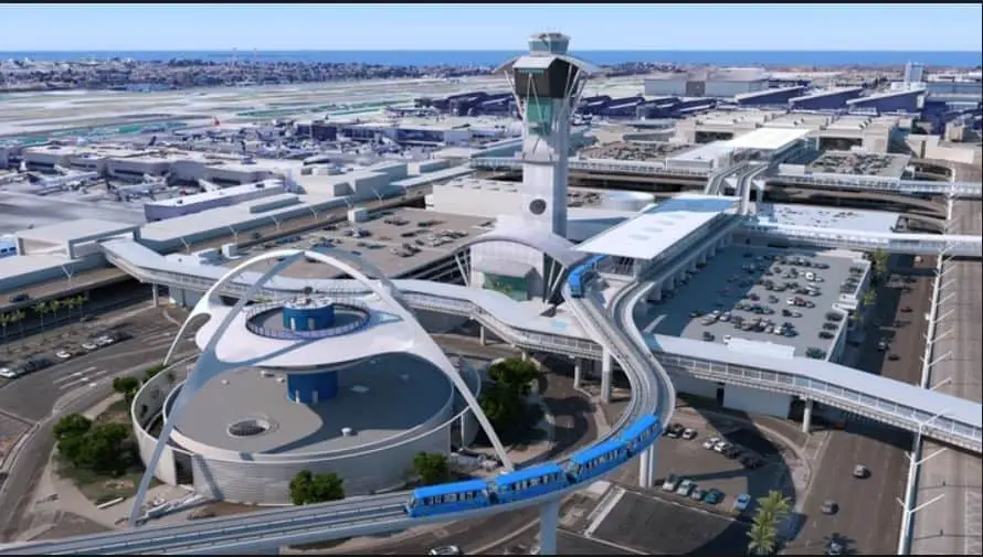 La arquitectura curva del Edificio Temático en el Aeropuerto Internacional de Los Ángeles demuestra movimiento en la arquitectura futurista.