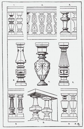 Página de un libro de estilo con diferentes ejemplos de balaustres.