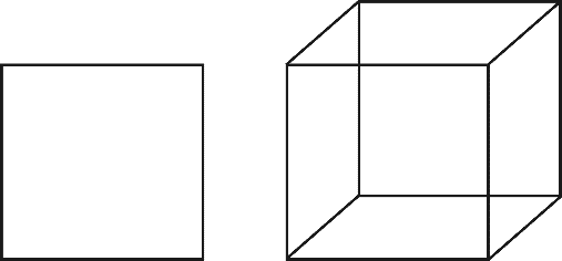 Un cuadrado polígono con cuatro lados iguales y un cubo formado por seis caras cuadradas.