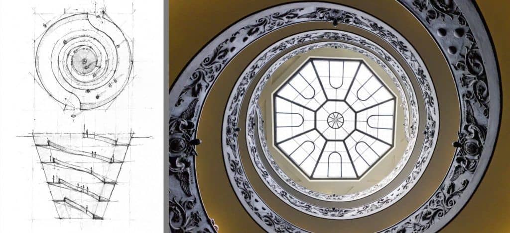 Escalera en los Museos Vaticanos diseñada por Giuseppe Momo en 1932