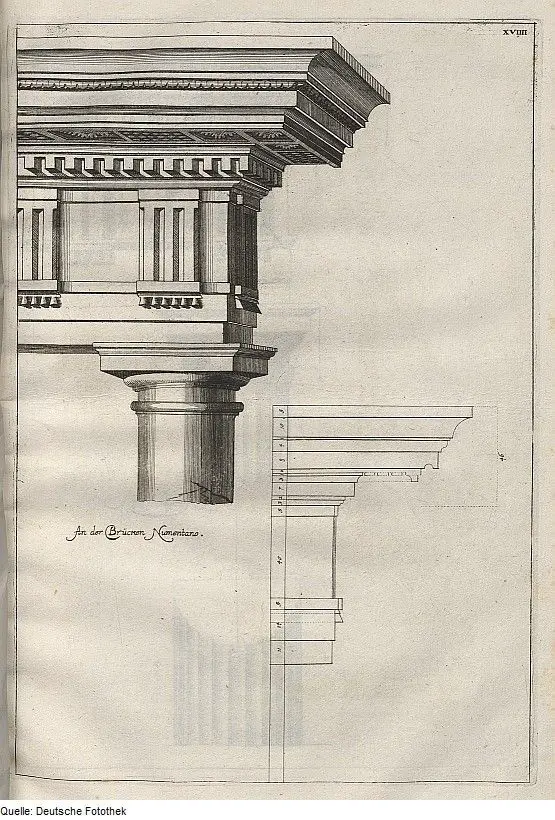 Ilustración de una capitel toscano realizado en 1697 por Charles Philippe Dieussart conservado en Deutsche Fotothek Dresden Alemania