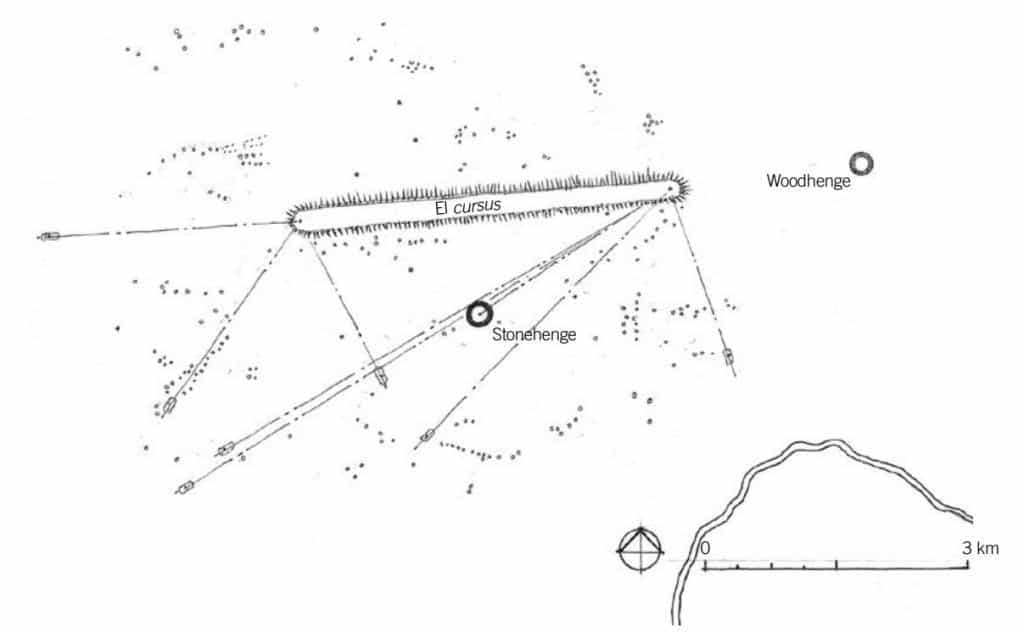 Planta que muestra Stonehenge en relación al cursus situado aproximadamente a un kilómetro al norte