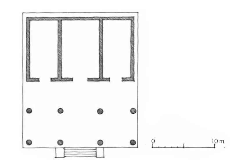 Planta y perspectiva de un templo etrusco basadas en descripciones de Vitruvio