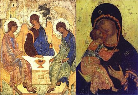 Iconos de Andre Rublev. A la izquierda Solemnidad de la Santisima Trinidad a la derecha Nossa Senhora da Misericordia