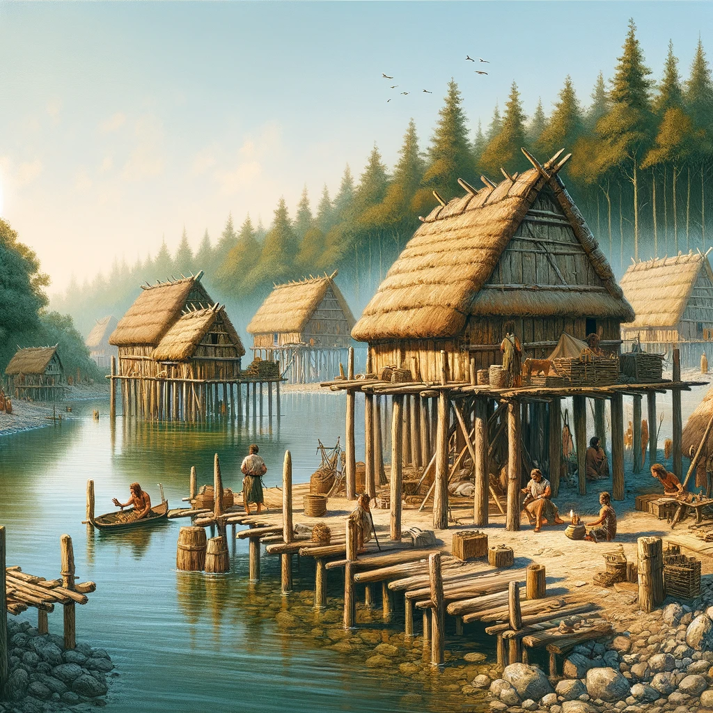 La ilustracion sobre los palafitos del Neolitico ha sido creada mostrando un asentamiento tranquilo y armonioso en un entorno lacustre prehistorico